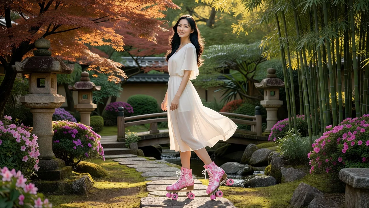 Woman in flowing summer dress and pink roller skates walking through a Tokyo garden