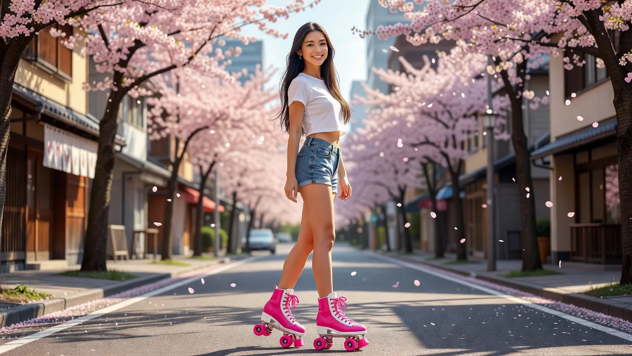 Graceful woman wearing soft pink roller skates moving through cherry blossoms in Tokyo park at golden hour
