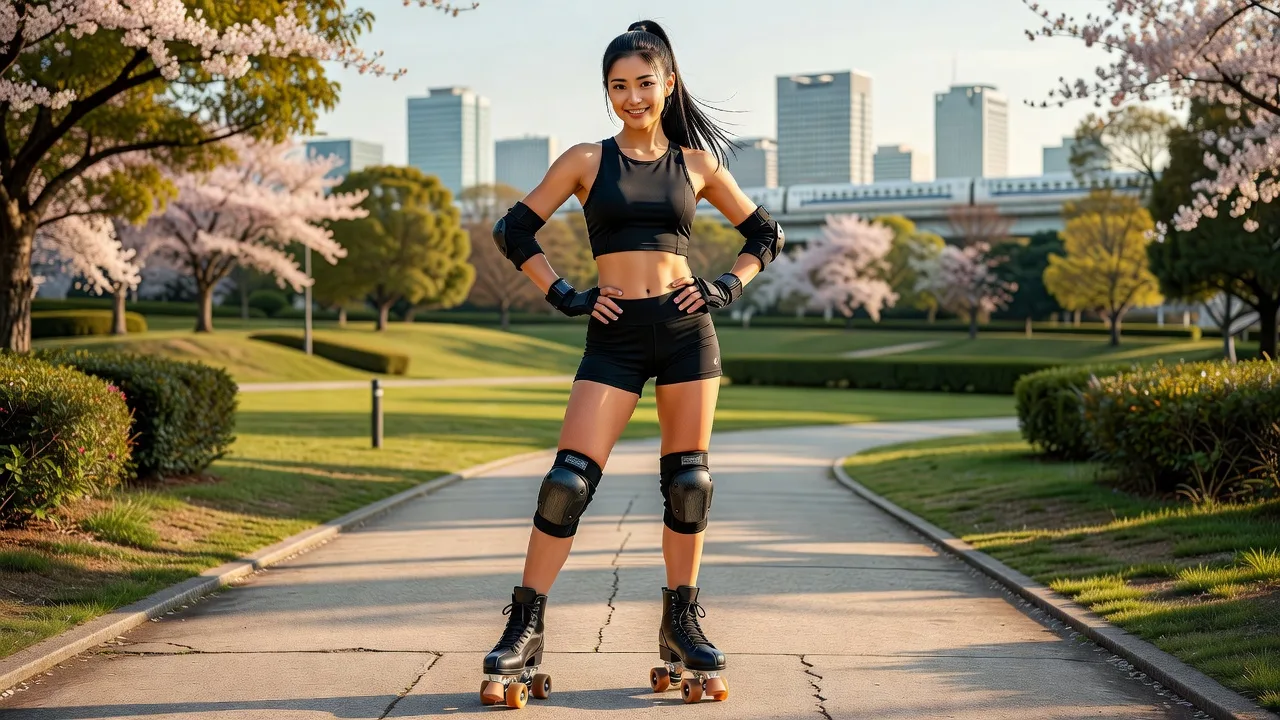 Woman wearing elegant black knee and elbow pads with roller skates