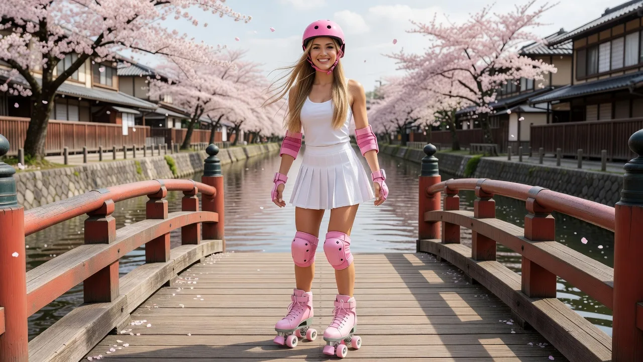 Woman wearing stylish pink ventilated safety helmet with skates